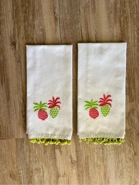 Pomegranate Pineapple Tea Towels Embroidered Pom Pom Trim